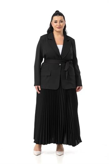 Büyük Beden Pileli Etek Ceket Siyah İkili Takım