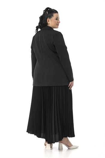 Büyük Beden Pileli Etek Ceket Siyah İkili Takım