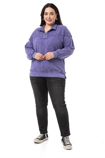Büyük Beden Pis Dikişli Fermuarlı Yırtmaçlı Parça Boyalı Mor Sweatshirt