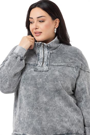 Büyük Beden Pis Dikişli Fermuarlı Yırtmaçlı Parça Boyalı Gri Sweatshirt