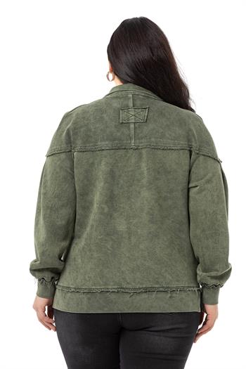 Büyük Beden Pis Dikişli Fermuarlı Yırtmaçlı Parça Boyalı Haki Sweatshirt