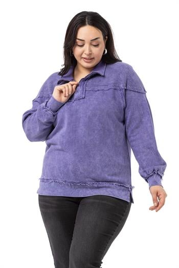 Büyük Beden Pis Dikişli Fermuarlı Yırtmaçlı Parça Boyalı Mor Sweatshirt