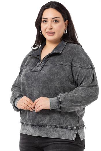 Büyük Beden Pis Dikişli Fermuarlı Yırtmaçlı Parça Boyalı Antrasit Sweatshirt