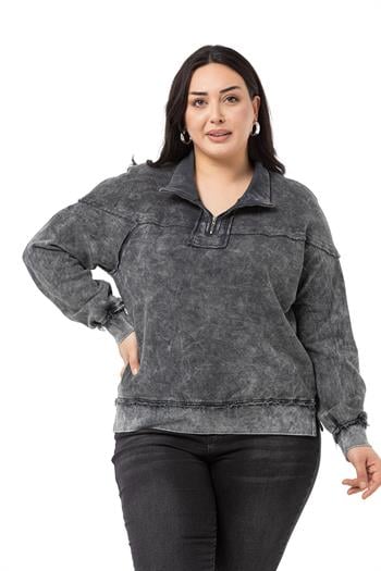 Büyük Beden Pis Dikişli Fermuarlı Yırtmaçlı Parça Boyalı Antrasit Sweatshirt