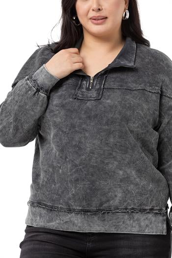 Büyük Beden Pis Dikişli Fermuarlı Yırtmaçlı Parça Boyalı Antrasit Sweatshirt