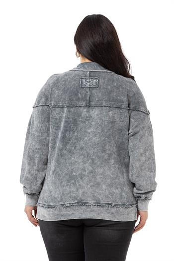 Büyük Beden Pis Dikişli Fermuarlı Yırtmaçlı Parça Boyalı Gri Sweatshirt