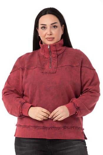 Büyük Beden Pis Dikişli Fermuarlı Yırtmaçlı Parça Boyalı Bordo Sweatshirt