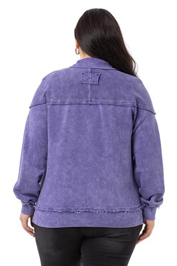 Büyük Beden Pis Dikişli Fermuarlı Yırtmaçlı Parça Boyalı Mor Sweatshirt