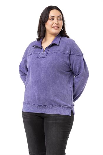 Büyük Beden Pis Dikişli Fermuarlı Yırtmaçlı Parça Boyalı Mor Sweatshirt