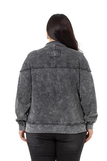 Büyük Beden Pis Dikişli Fermuarlı Yırtmaçlı Parça Boyalı Antrasit Sweatshirt