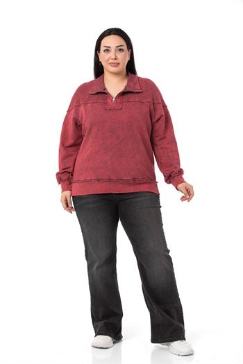 Büyük Beden Pis Dikişli Fermuarlı Yırtmaçlı Parça Boyalı Bordo Sweatshirt