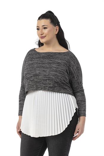 Büyük Beden Plise Detaylı Beli Lastikli Beyaz Gömlek Etek