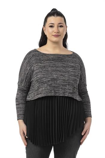 Büyük Beden Plise Detaylı Beli Lastikli Siyah Gömlek Etek