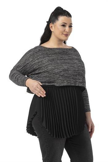 Büyük Beden Plise Detaylı Beli Lastikli Siyah Gömlek Etek