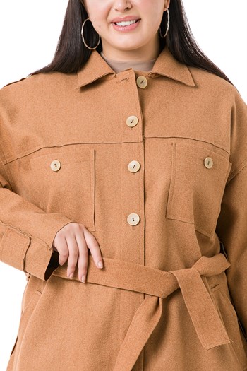 Büyük Beden Robalı Yanları Yırtmaçlı Fleto Cepli Kuşaklı Kaşe Camel Ceket