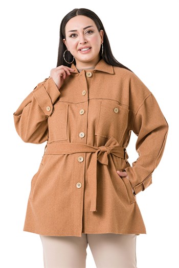 Büyük Beden Robalı Yanları Yırtmaçlı Fleto Cepli Kuşaklı Kaşe Camel Ceket