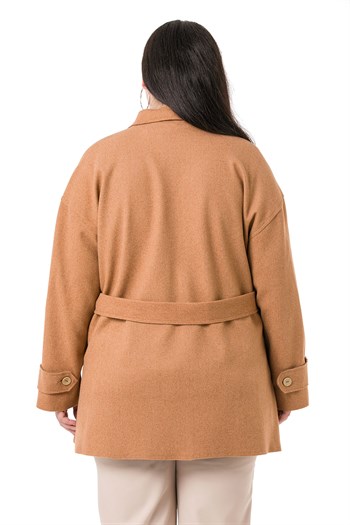 Büyük Beden Robalı Yanları Yırtmaçlı Fleto Cepli Kuşaklı Kaşe Camel Ceket