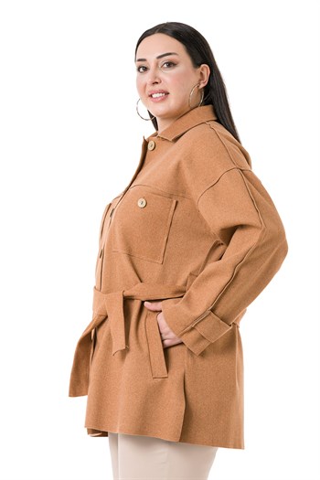 Büyük Beden Robalı Yanları Yırtmaçlı Fleto Cepli Kuşaklı Kaşe Camel Ceket