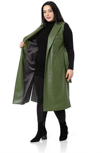 Plus Size Windbreaker Lined Leather Khaki Vest