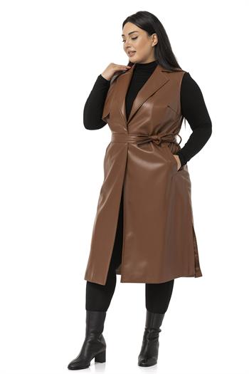 Plus Size Windbreaker Lined Leather Brown Vest