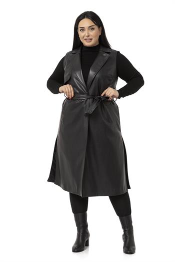 Plus Size Windbreaker Lined Leather Black Vest