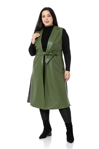 Plus Size Windbreaker Lined Leather Khaki Vest