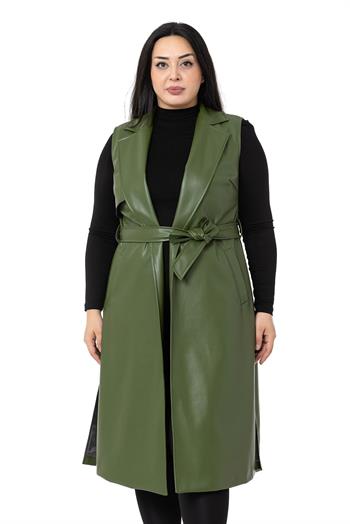 Plus Size Windbreaker Lined Leather Khaki Vest