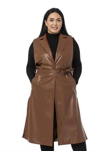Plus Size Windbreaker Lined Leather Brown Vest