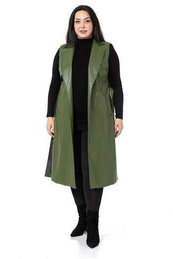 Plus Size Windbreaker Lined Leather Khaki Vest