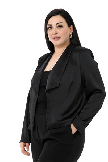 Büyük Beden Şal Yaka Astarsız Kısa Saten Siyah Ceket