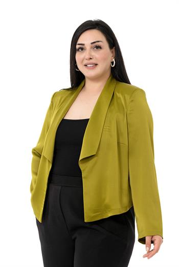 Büyük Beden Şal Yaka Astarsız Kısa Saten Fıstık Yeşili Ceket