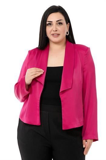 Büyük Beden Şal Yaka Astarsız Kısa Saten Fuşya Ceket