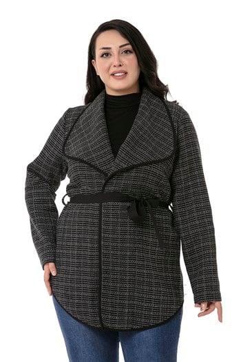 Büyük Beden Şal Yaka Biye Detaylı Kuşaklı Astarsız Siyah Ceket