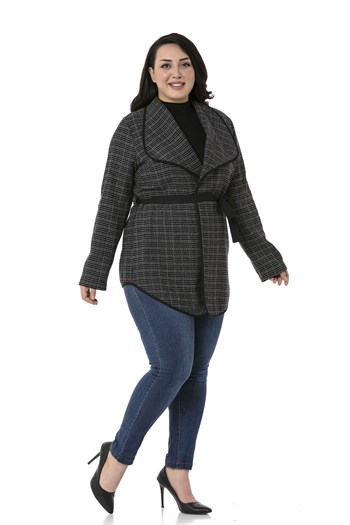 Büyük Beden Şal Yaka Biye Detaylı Kuşaklı Astarsız Siyah Ceket