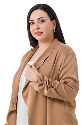 Büyük Beden Şal Yaka Kolu Büzgü Detaylı Astarsız Saten Vizon Ceket