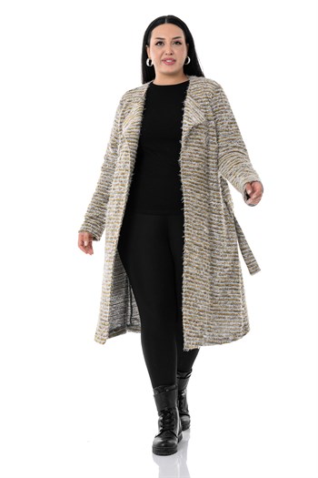 Plus Size Shawl Collar Midi Size Pocket Belted Mustard Cardigan