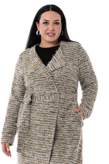 Plus Size Shawl Collar Midi Size Pocket Belted Mustard Cardigan