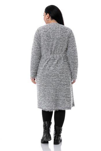 Plus Size Shawl Collar Midi Size Pocket Belted Gray Cardigan