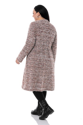 Büyük Beden Şal Yaka Midi Boy Cepli Kuşaklı Kırçıllı Kiremit Rengi Hırka