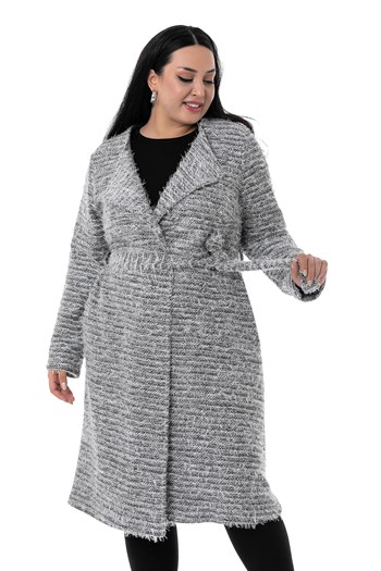 Plus Size Shawl Collar Midi Size Pocket Belted Gray Cardigan