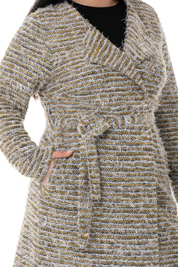 Plus Size Shawl Collar Midi Size Pocket Belted Mustard Cardigan