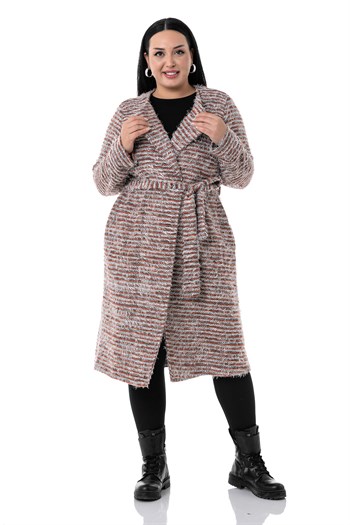 Büyük Beden Şal Yaka Midi Boy Cepli Kuşaklı Kırçıllı Kiremit Rengi Hırka