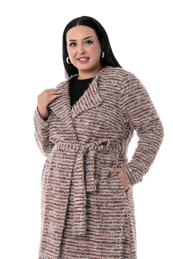 Büyük Beden Şal Yaka Midi Boy Cepli Kuşaklı Kırçıllı Kiremit Rengi Hırka