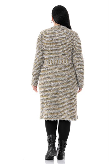 Plus Size Shawl Collar Midi Size Pocket Belted Mustard Cardigan