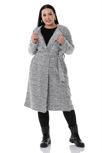 Plus Size Shawl Collar Midi Size Pocket Belted Gray Cardigan