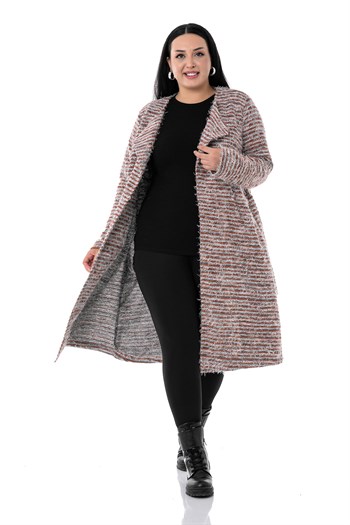 Büyük Beden Şal Yaka Midi Boy Cepli Kuşaklı Kırçıllı Kiremit Rengi Hırka