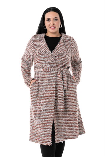 Büyük Beden Şal Yaka Midi Boy Cepli Kuşaklı Kırçıllı Kiremit Rengi Hırka