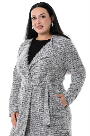 Plus Size Shawl Collar Midi Size Pocket Belted Gray Cardigan