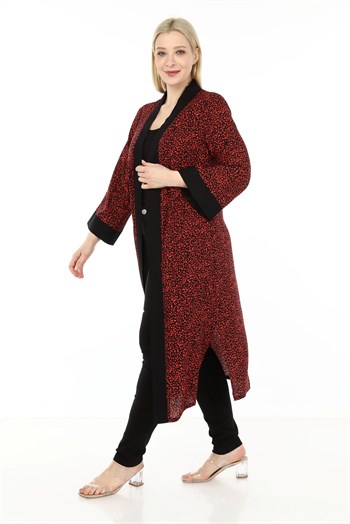 Büyük Beden Şal Yaka Kuşaklı Kırmızı Siyah Uzun Kimono
