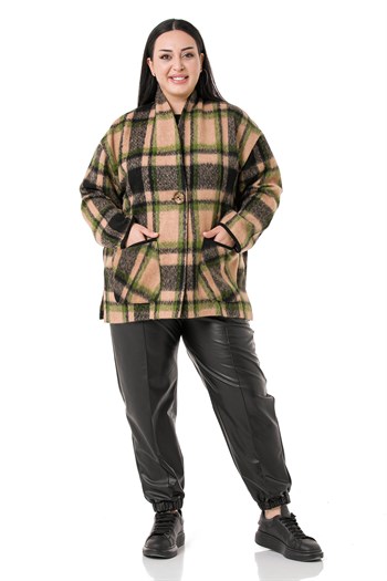 Büyük Beden Şal Yaka Torba Cepli Tek Düğmeli Astarsız Vizon Ceket